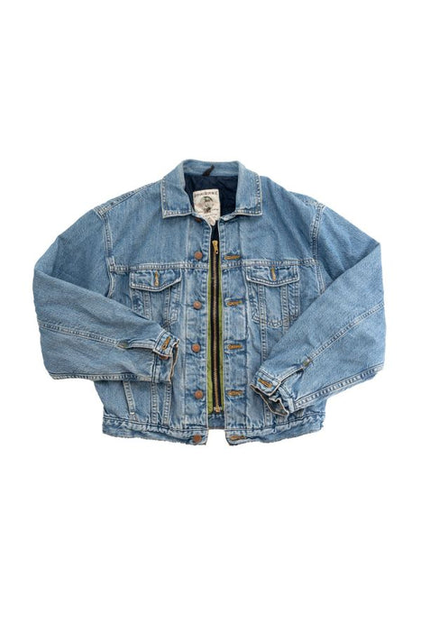 Stylish classic blue denim jean jacket with button closures and front pockets for a timeless and trendy look.