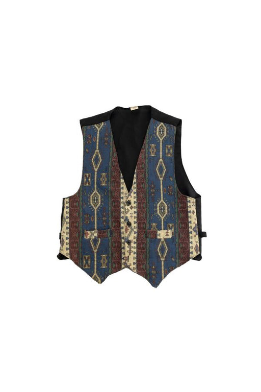 Vintage-style vest with blue and red geometric pattern.