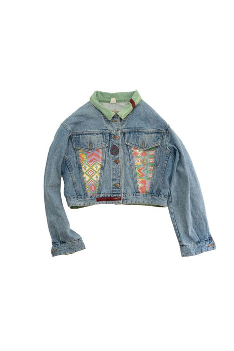 Vintage denim jacket with colorful patterned front pockets and green collar