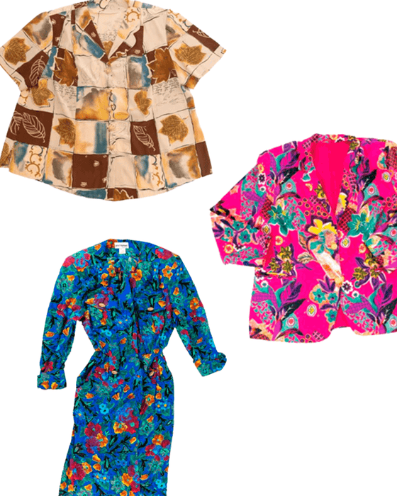 Colorful vintage clothing including a brown and beige shirt, vibrant pink floral jacket, and blue floral dress.