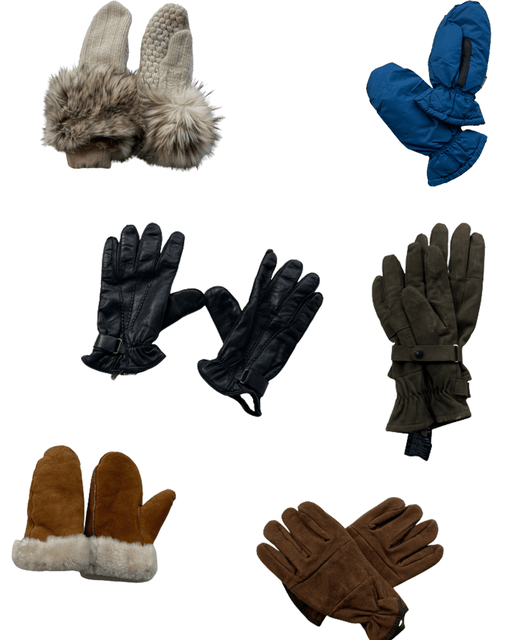 Various styles of winter gloves and mittens including fur-lined, leather, and insulated designs for cold weather protection.