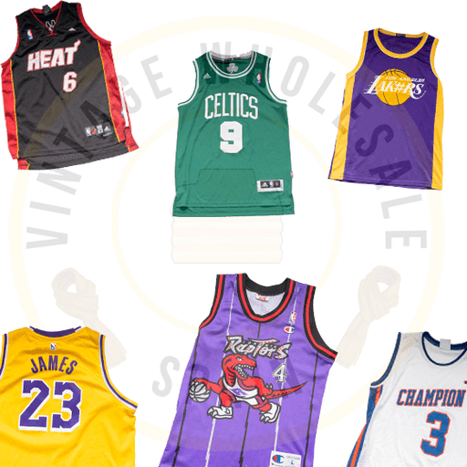 Collection of vintage NBA basketball jerseys including Heat, Celtics, Lakers, Raptors, and Champion brand jerseys.