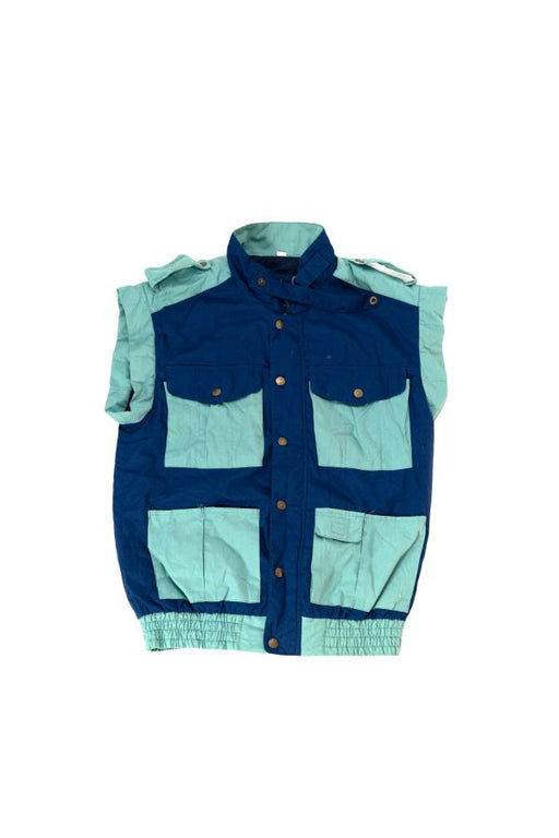 Blue and green sleeveless utility vest with multiple pockets and button closure.